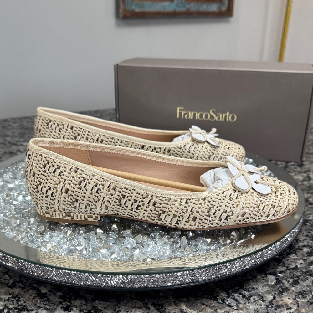Franco Sarto Abigail Beige Woven Flats with White Bow Accents NEW 9W - Picture 5 of 14